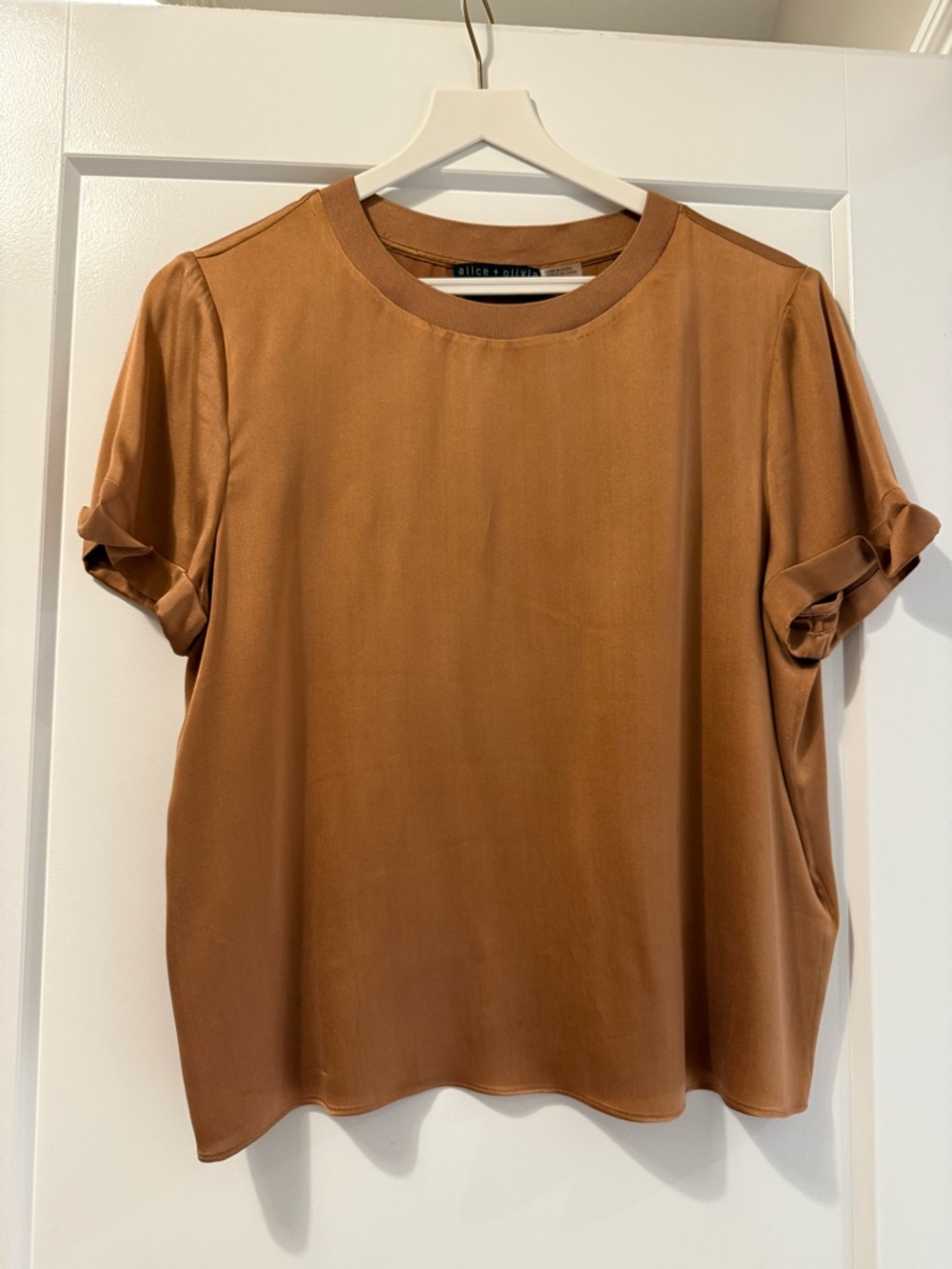 Silk Alice + Olivia Tan Short Sleeve Satin Tee with Rolled Cuffs